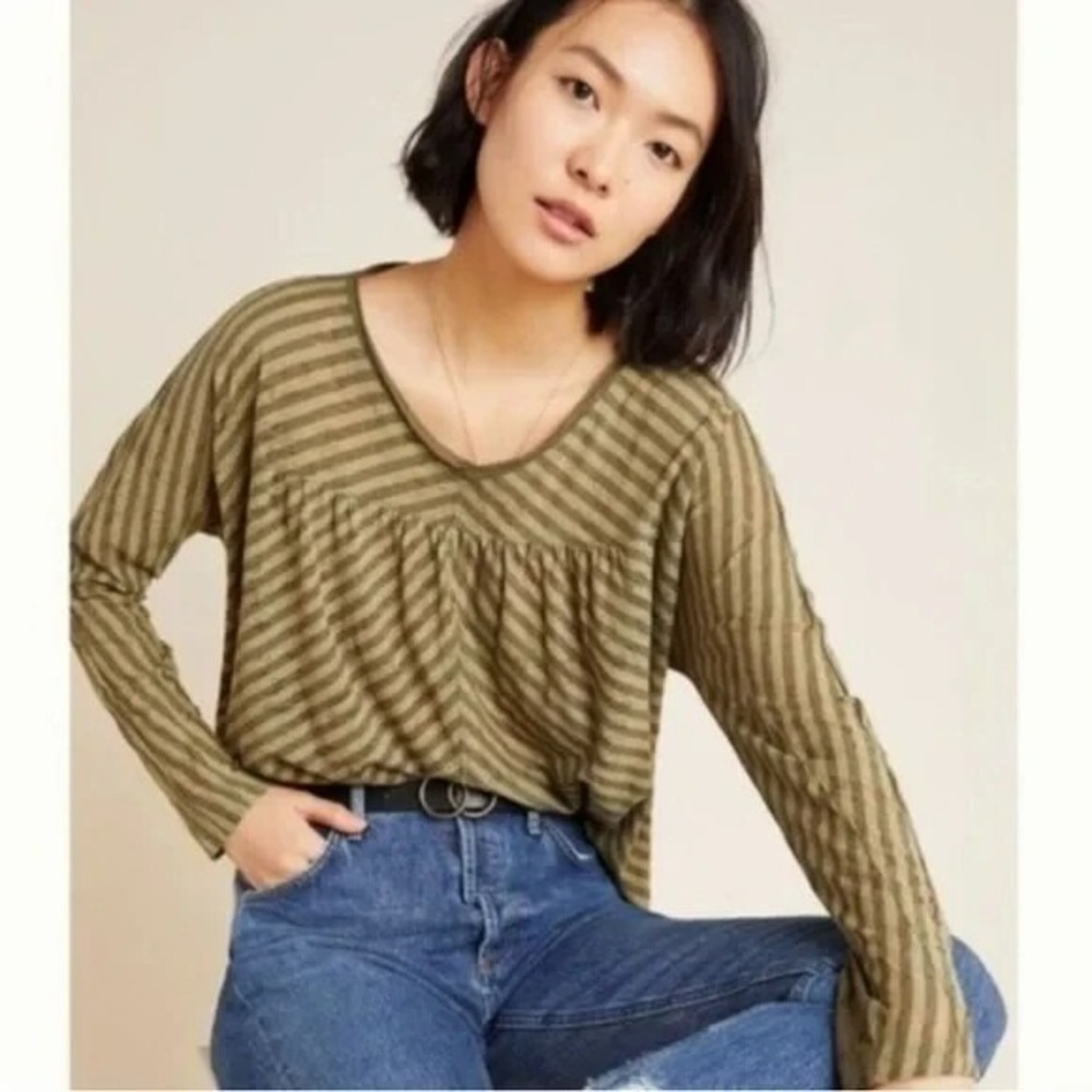 Anthropologie Small Olive Green Burnout Striped Pilar V-Neck Long Sleeve Top